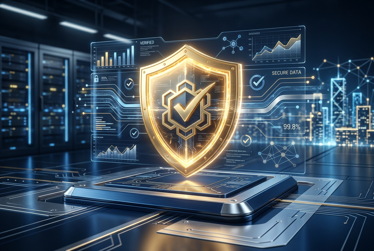 A 3D visualization of digital security and auditing symbols.